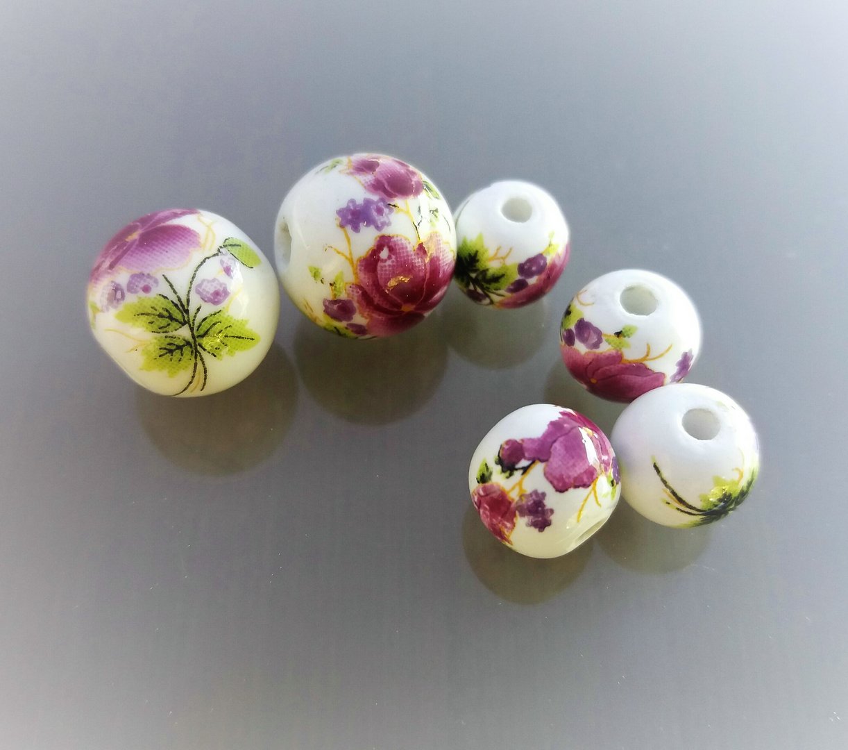 6 perles céramique écrue imprimée fleurs - La boîte à secrets
