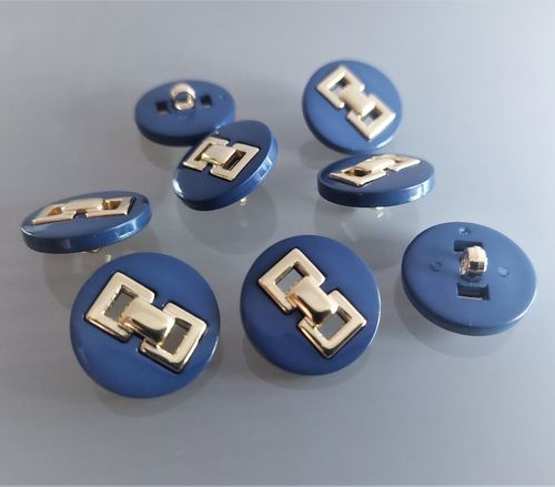 8 boutons ronds 23 mm plastique bleu et doré